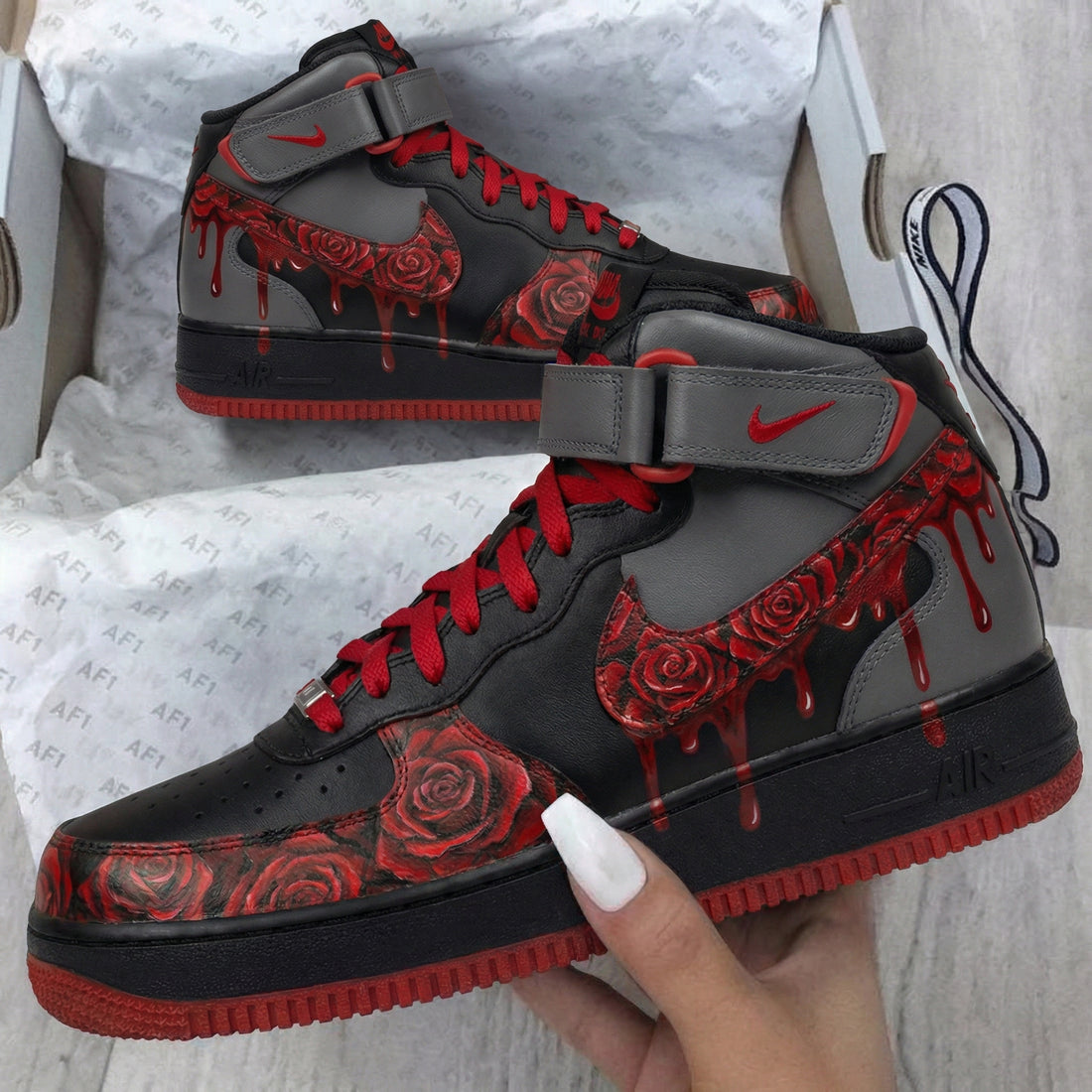 Custom AF 1s Shoes with Rose Pattern and Red Gray Color