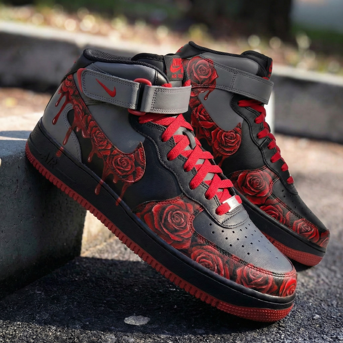 Custom AF 1s Shoes with Rose Pattern and Red Gray Color