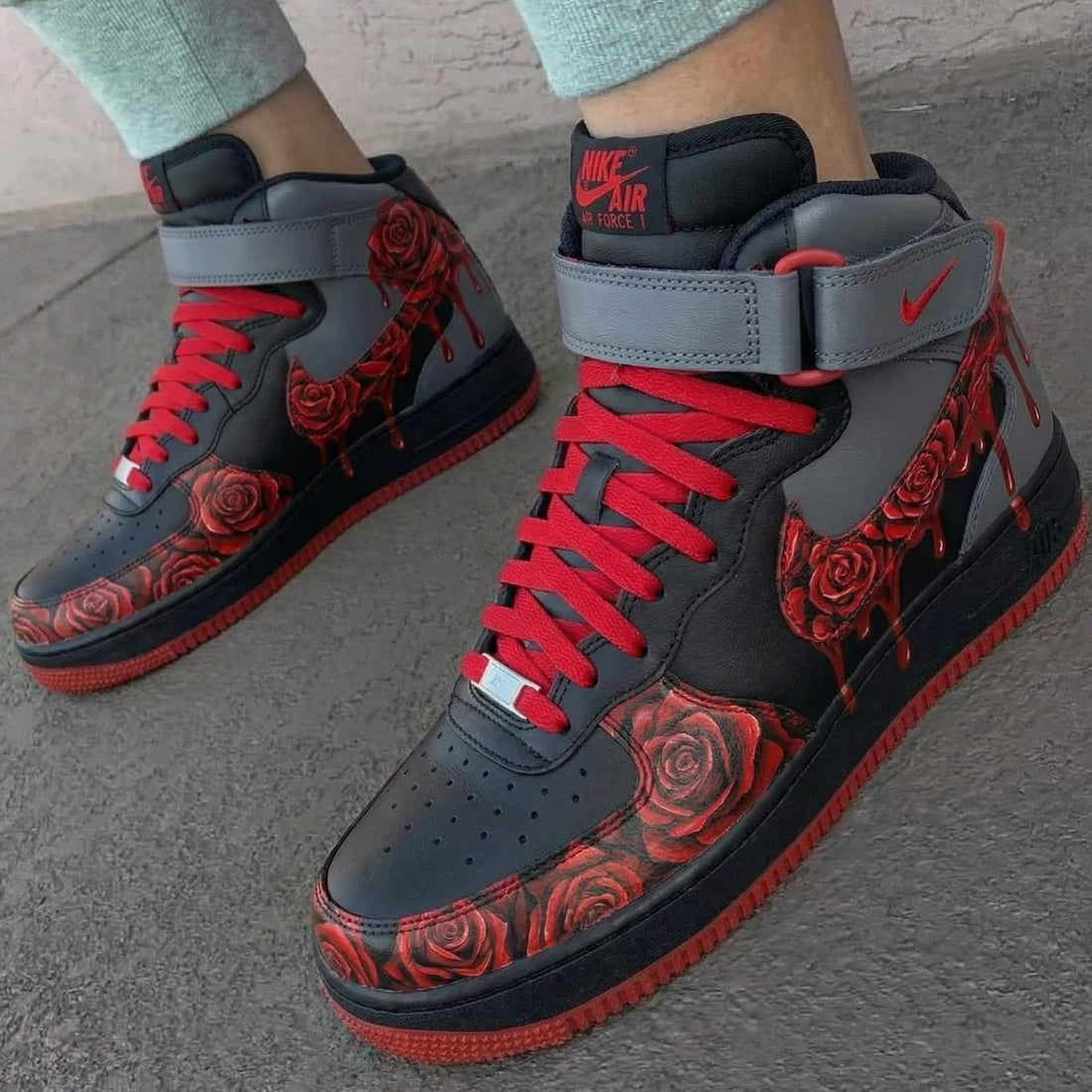 Custom AF 1s Shoes with Rose Pattern and Red Gray Color