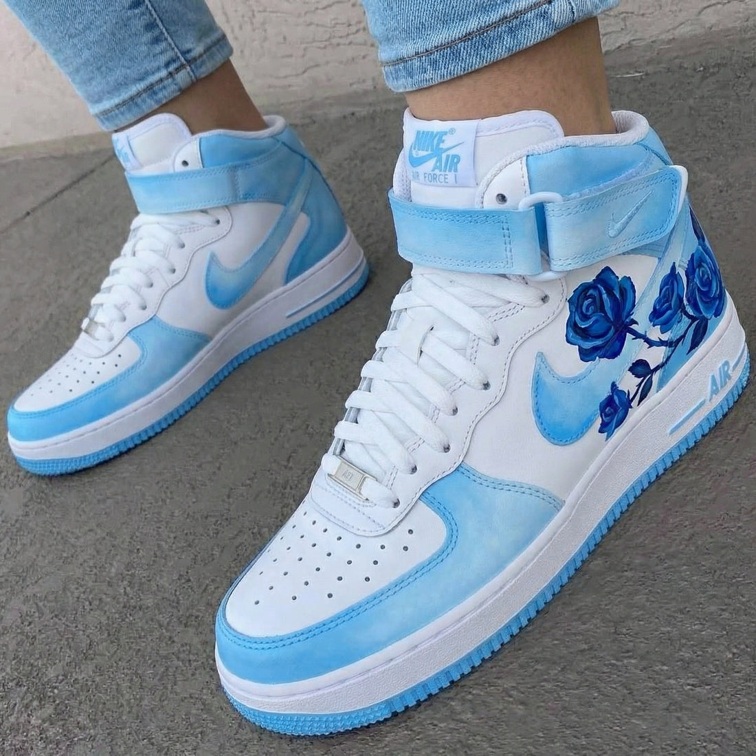 Custom AF 1s Shoes with Rose Pattern Baby Blue and White