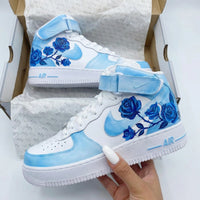 Custom AF 1s Shoes with Rose Pattern Baby Blue and White