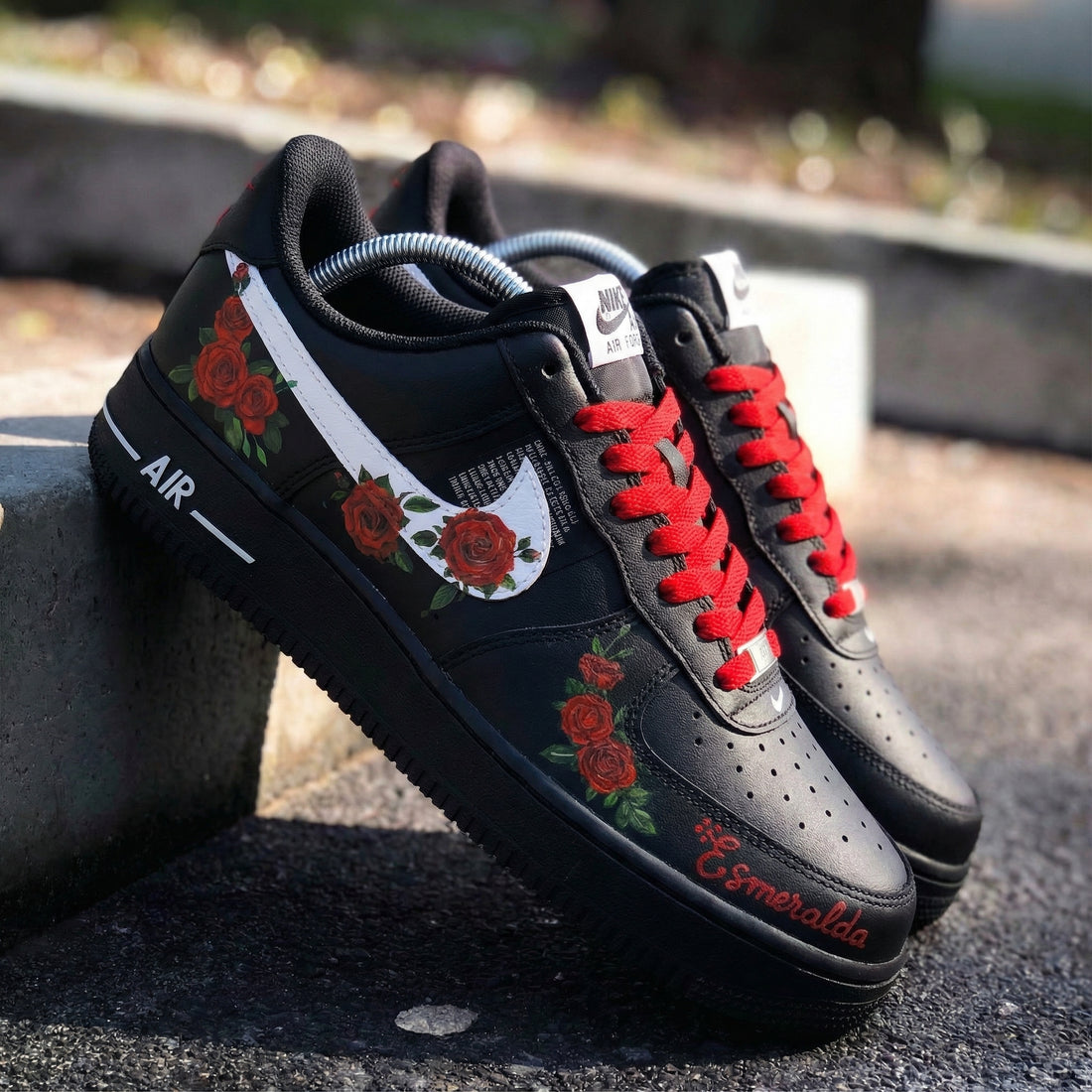 Custom AF 1s Shoes with Rose Pattern Black and Red