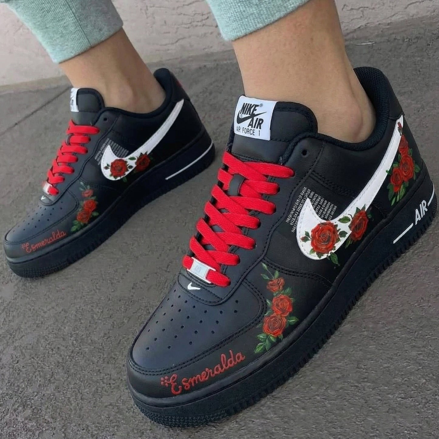 Custom AF 1s Shoes with Rose Pattern Black and Red
