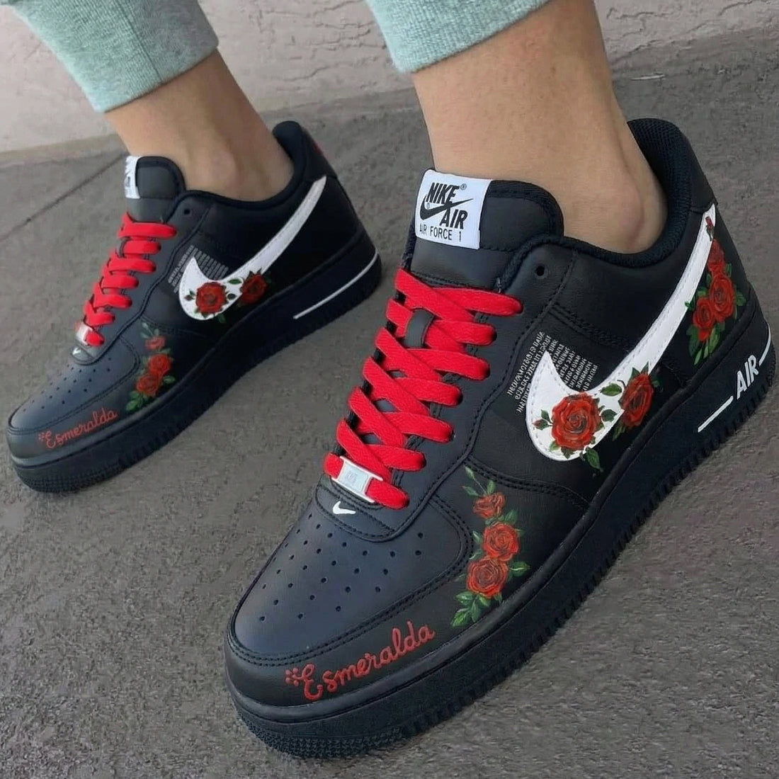Custom AF 1s Shoes with Rose Pattern Black and Red