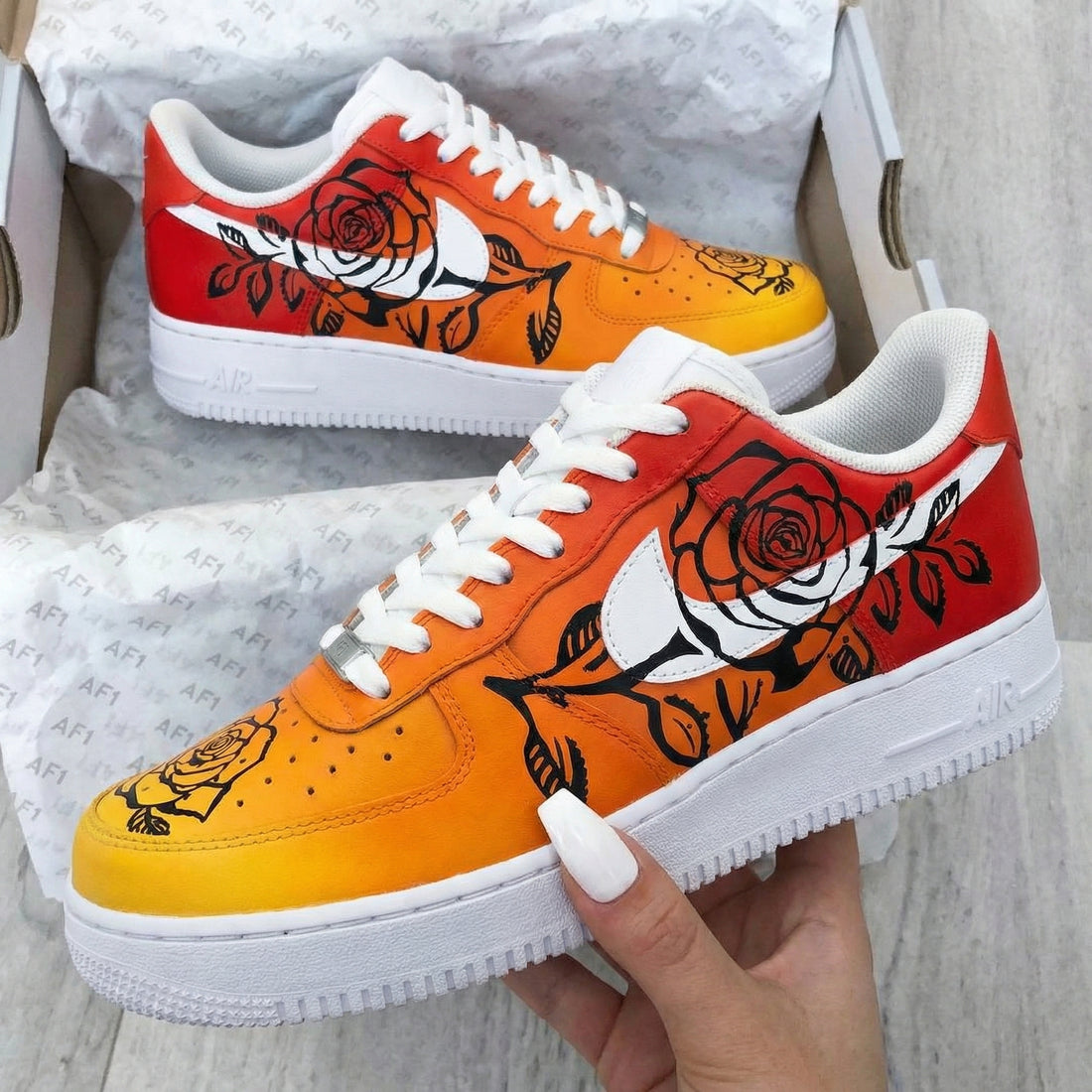 Custom AF 1s Shoes with Rose Pattern Orange Red