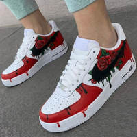 Custom AF 1s Shoes with Rose Pattern Red and White