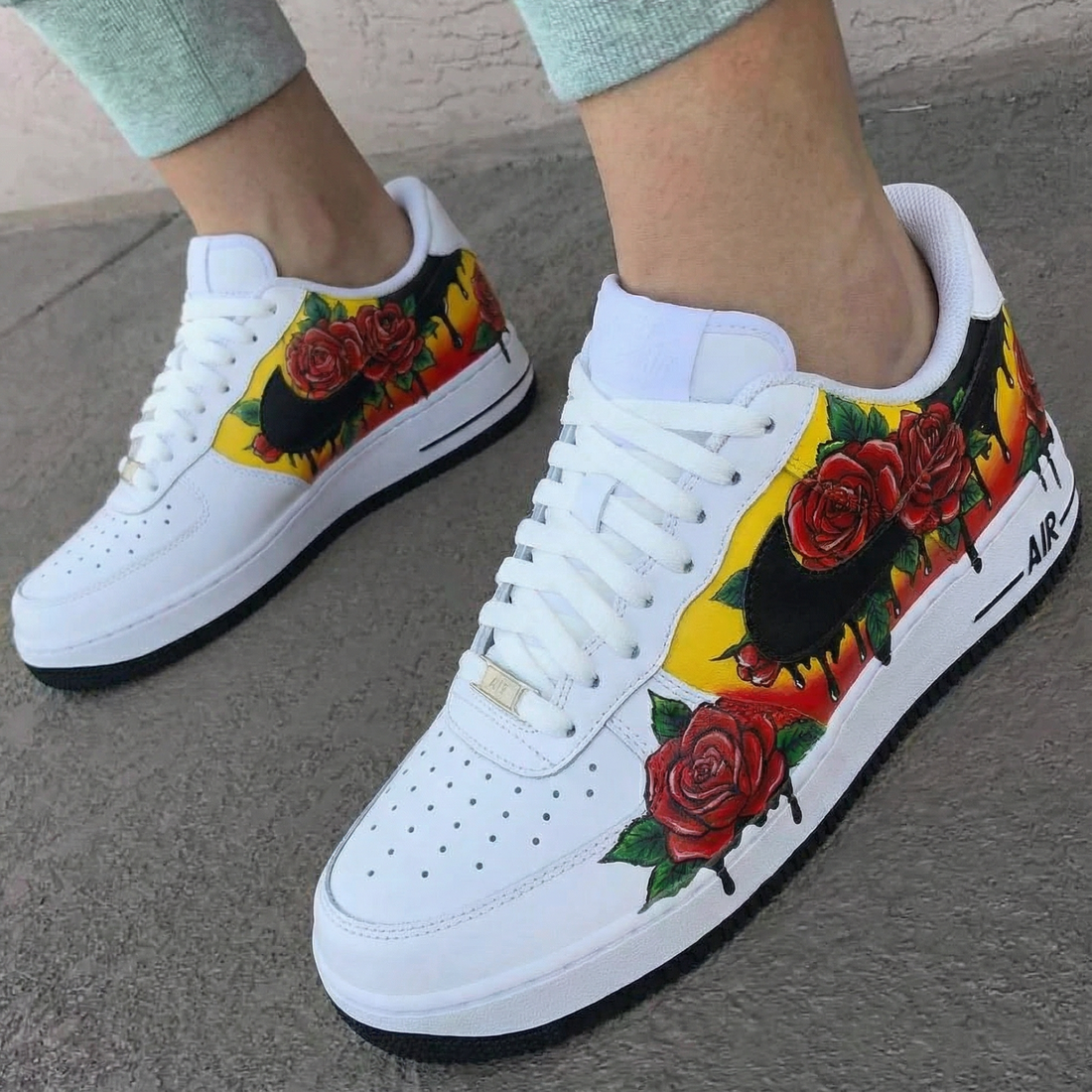 Custom AF 1s Shoes with Rose Pattern Yellow and Red