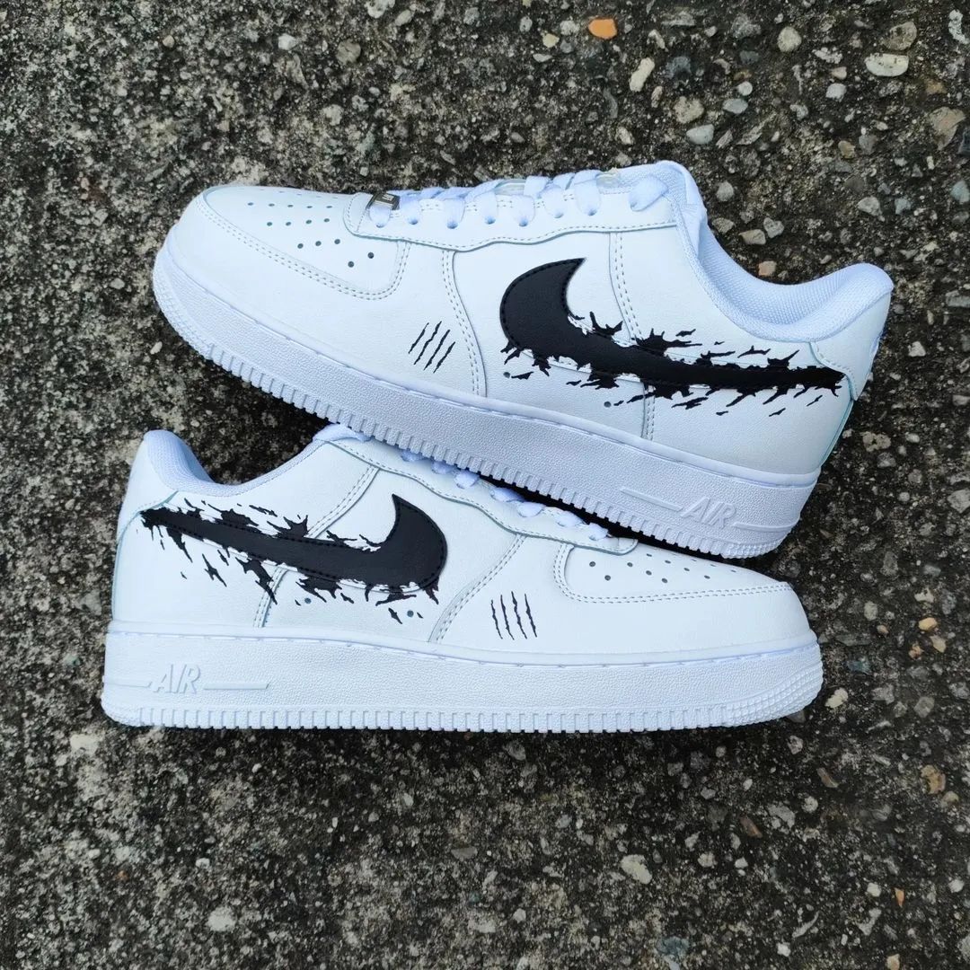 Custom AF 1s Shoes with Scratch and Splotch Pattern Black