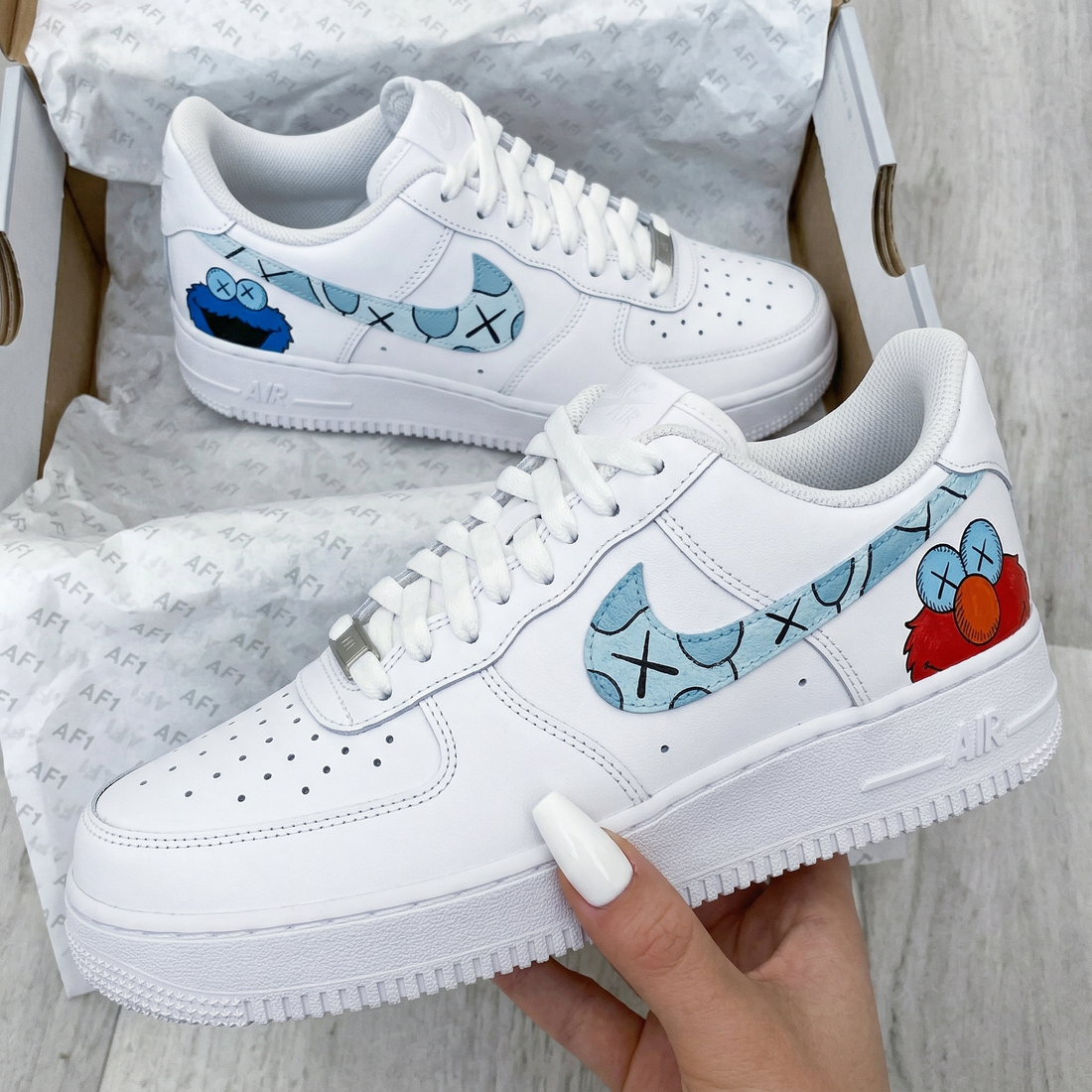 Custom AF 1s Shoes With Sesame Street Characters KAWS Baby Blue Red