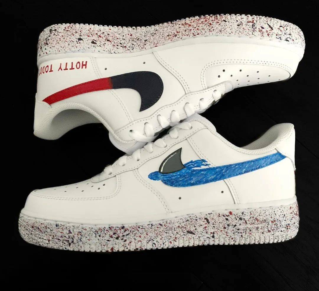 Custom AF 1s Shoes With Shark And Numbers Design Red Blue