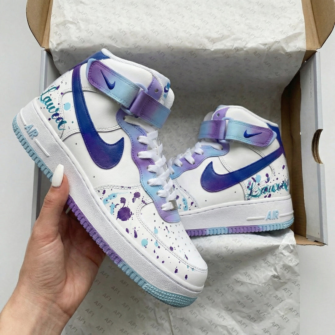 Custom AF 1s Shoes with Splatter Design in Blue and Purple