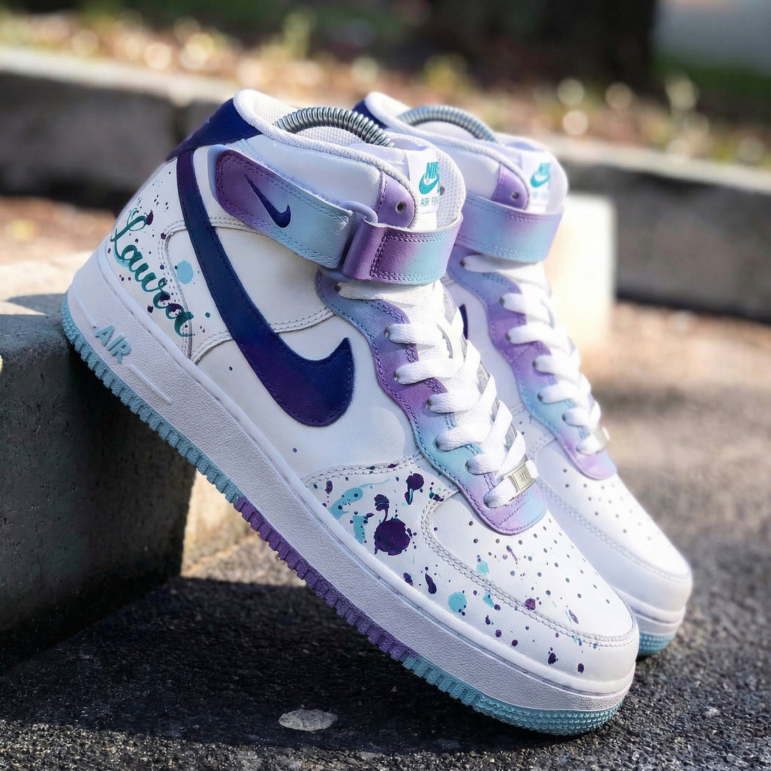 Custom AF 1s Shoes with Splatter Design in Blue and Purple