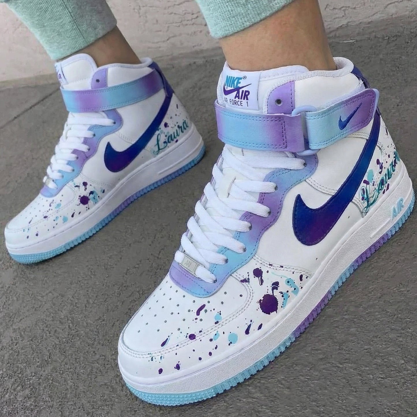 Custom AF 1s Shoes with Splatter Design in Blue and Purple