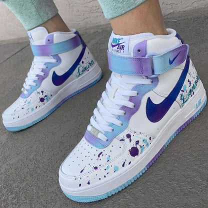 Custom AF 1s Shoes with Splatter Design in Blue and Purple