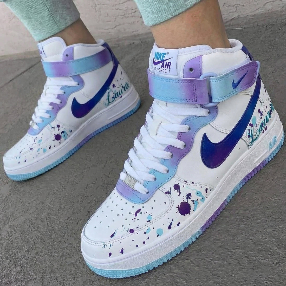 Custom AF 1s Shoes with Splatter Design in Blue and Purple