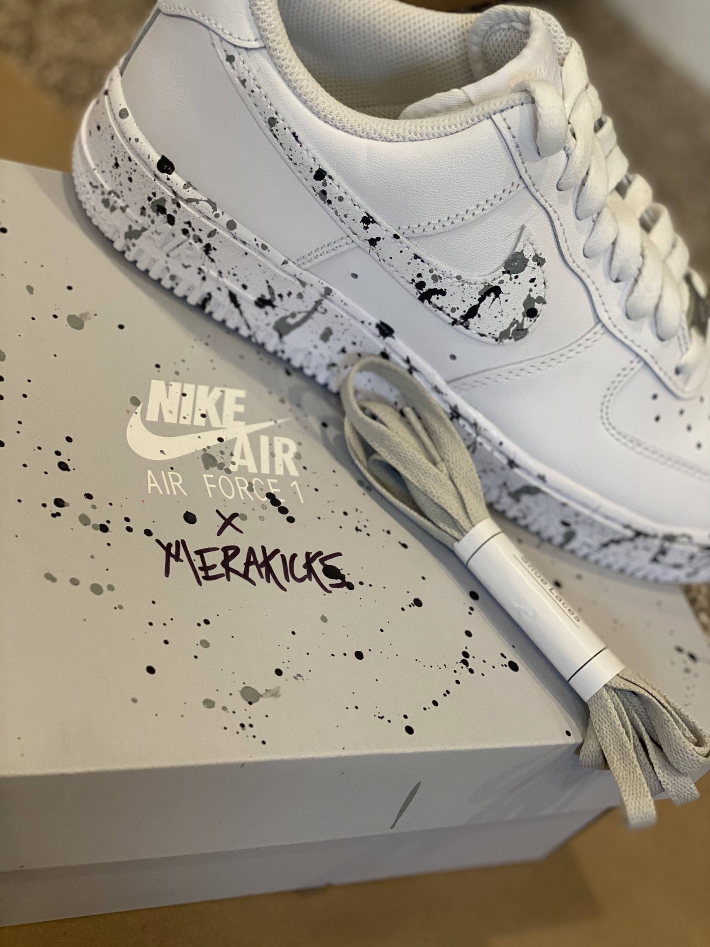 Custom AF 1s Shoes with Splatter Pattern Black Grey