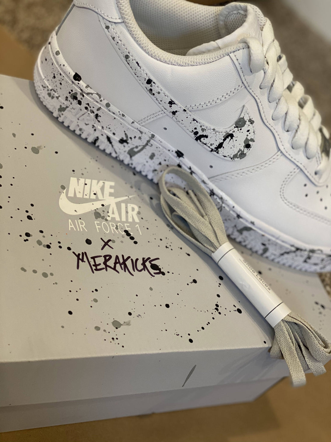 Custom AF 1s Shoes with Splatter Pattern Black Grey
