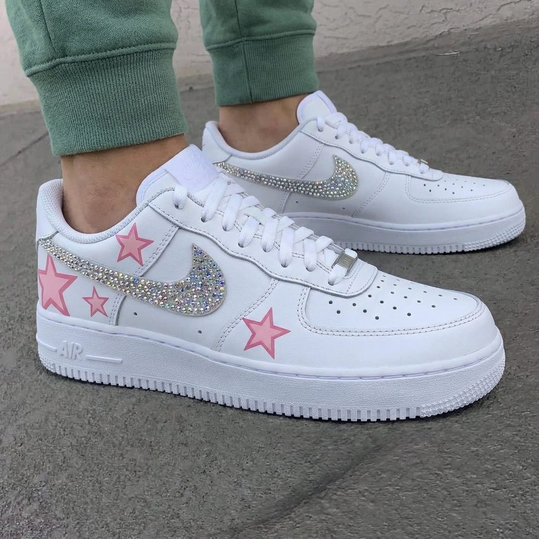 Custom AF 1s Shoes with Star Pattern and Pink Rhinestones