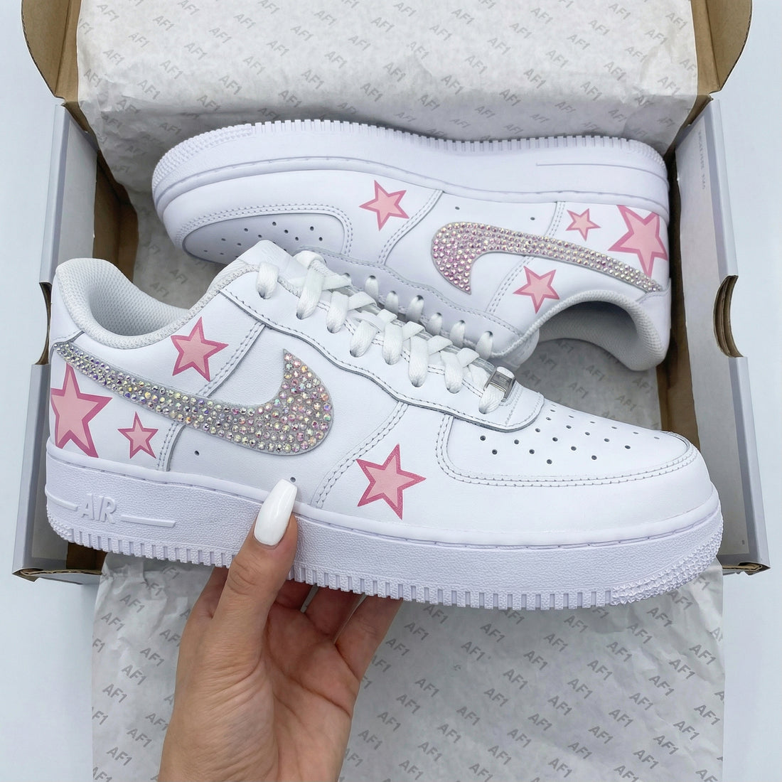 Custom AF 1s Shoes with Star Pattern and Pink Rhinestones