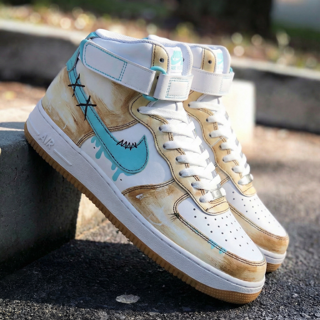 Custom AF 1s Shoes with Stitched and Dripping Design Turquoise and Beige