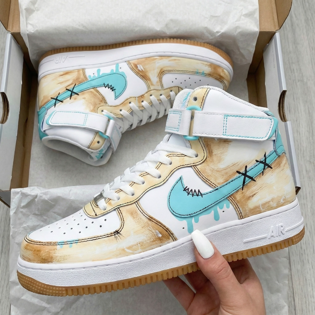 Custom AF 1s Shoes with Stitched and Dripping Design Turquoise and Beige