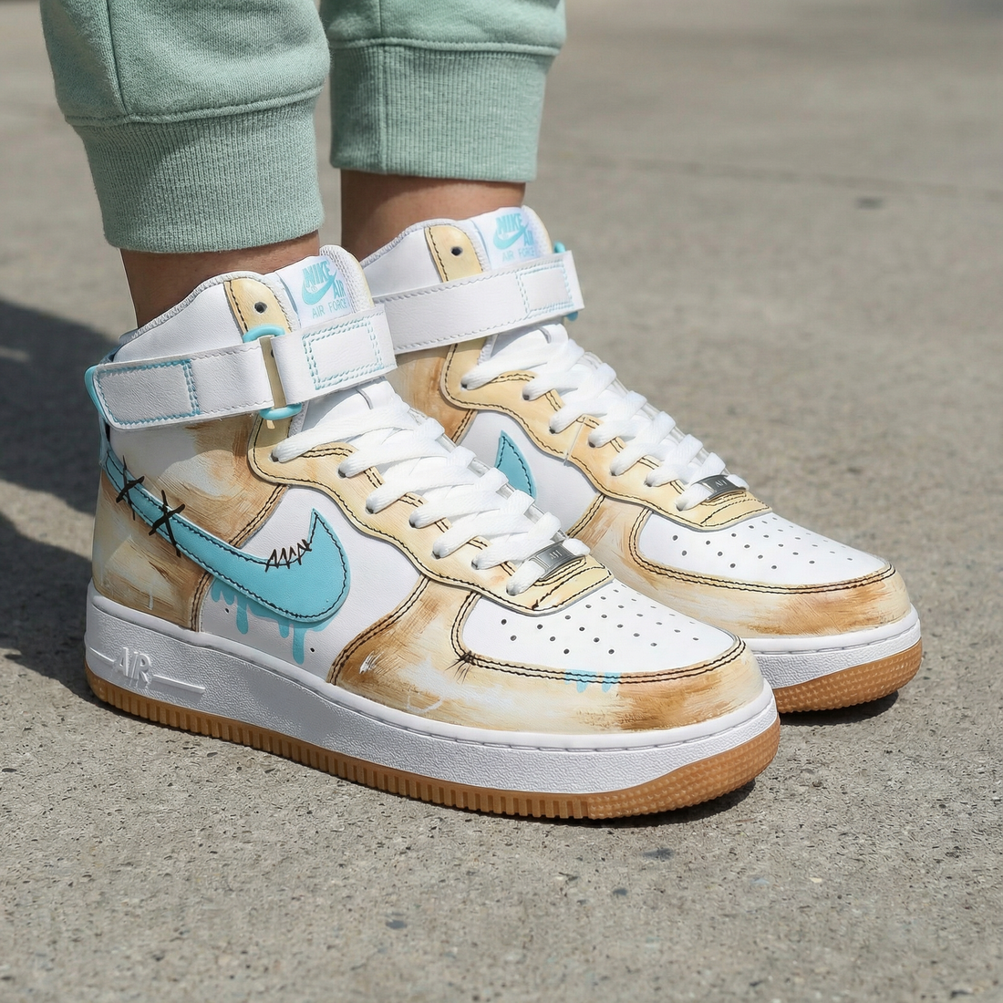 Custom AF 1s Shoes with Stitched and Dripping Design Turquoise and Beige
