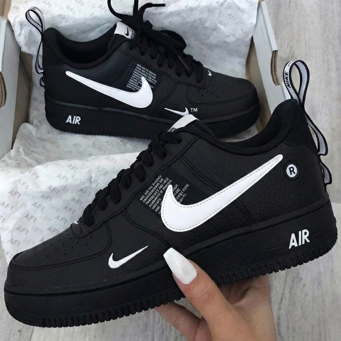 Custom AF 1s Shoes with Text Print Black and White