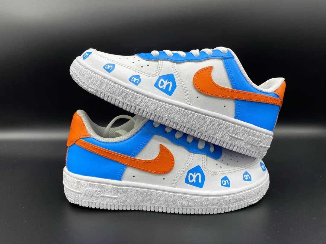 Custom AF 1s Shoes with Vibrant Blue and Orange On Logo Design