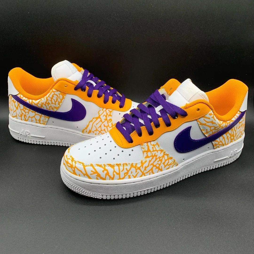 Custom AF 1s Shoes with Vibrant Orange and Purple Crackle