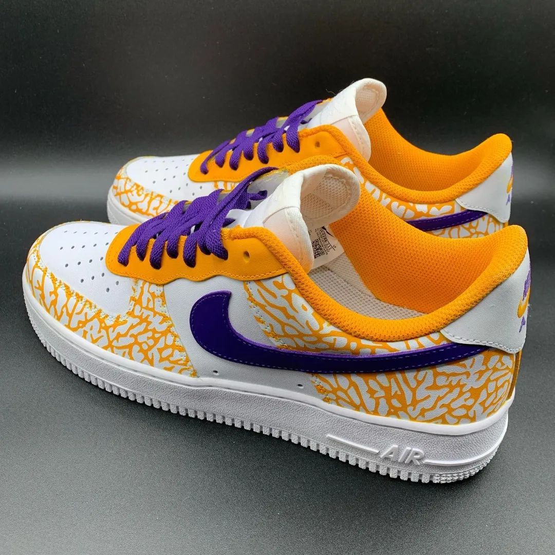 Custom AF 1s Shoes with Vibrant Orange and Purple Crackle