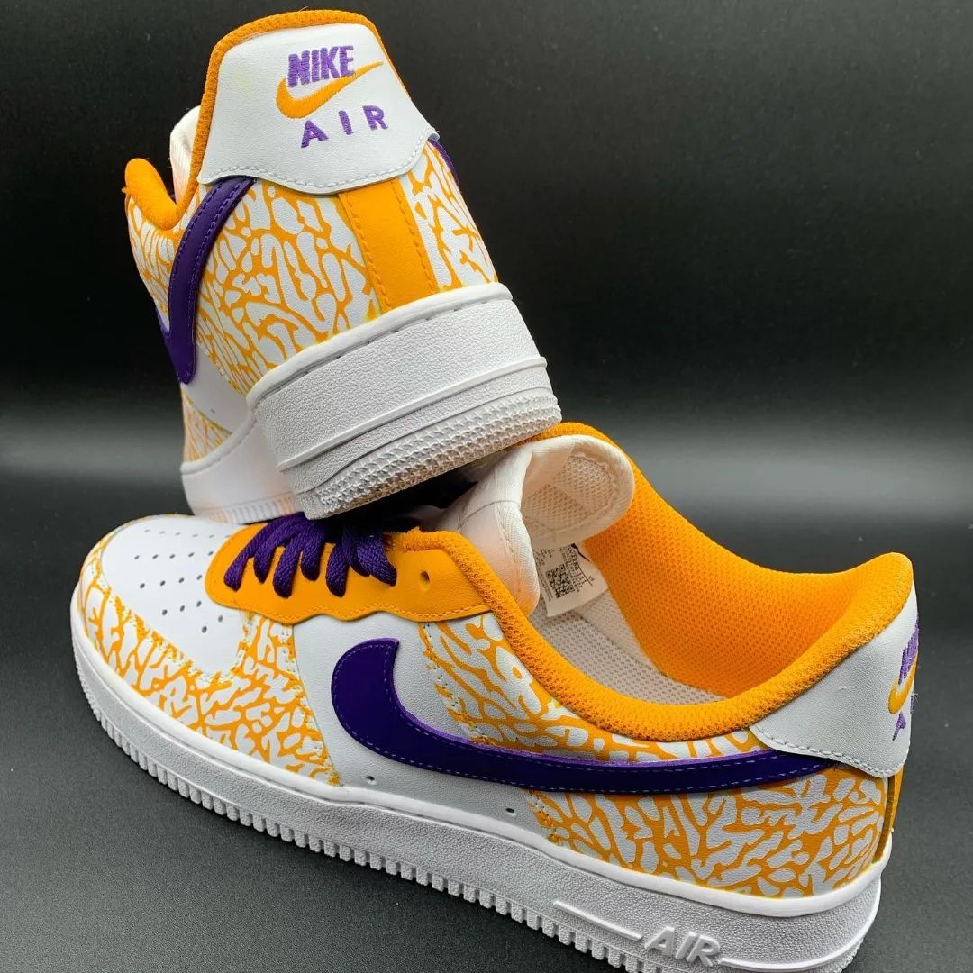 Custom AF 1s Shoes with Vibrant Orange and Purple Crackle