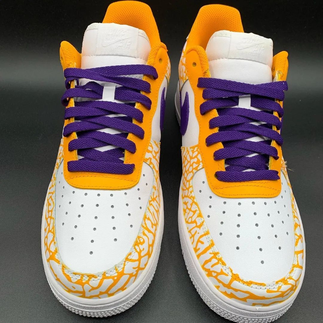 Custom AF 1s Shoes with Vibrant Orange and Purple Crackle