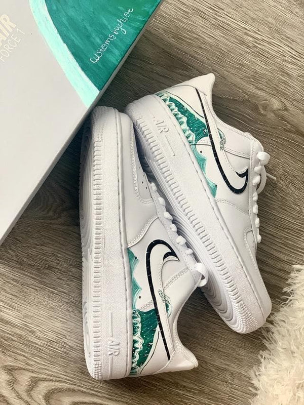 Custom AF 1s Shoes with Wave Pattern Teal Green Color