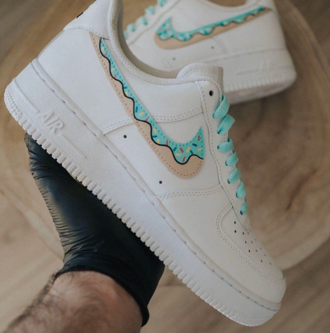 Custom AF 1s Shoes with Wavy Pattern Teal Beige