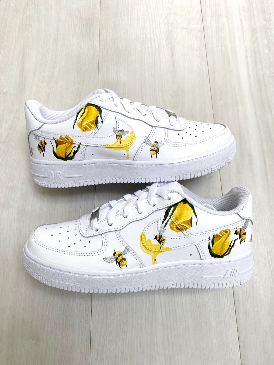 Custom AF 1s Shoes with Yellow Floral Roses Bees Motif