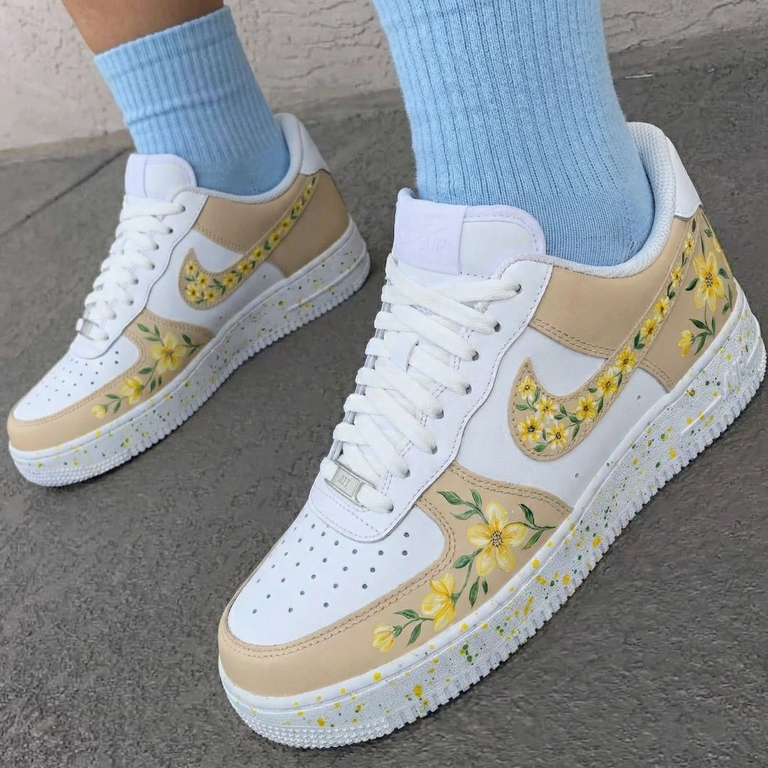 Custom AF 1s Shoes with Yellow Flower Pattern and Beige Color