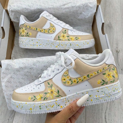 Custom AF 1s Shoes with Yellow Flower Pattern and Beige Color