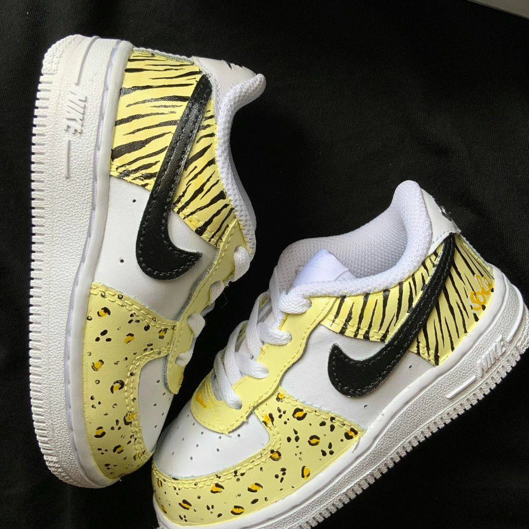 Custom AF 1s Shoes with Zebra and Leopard Patterns Yellow Black