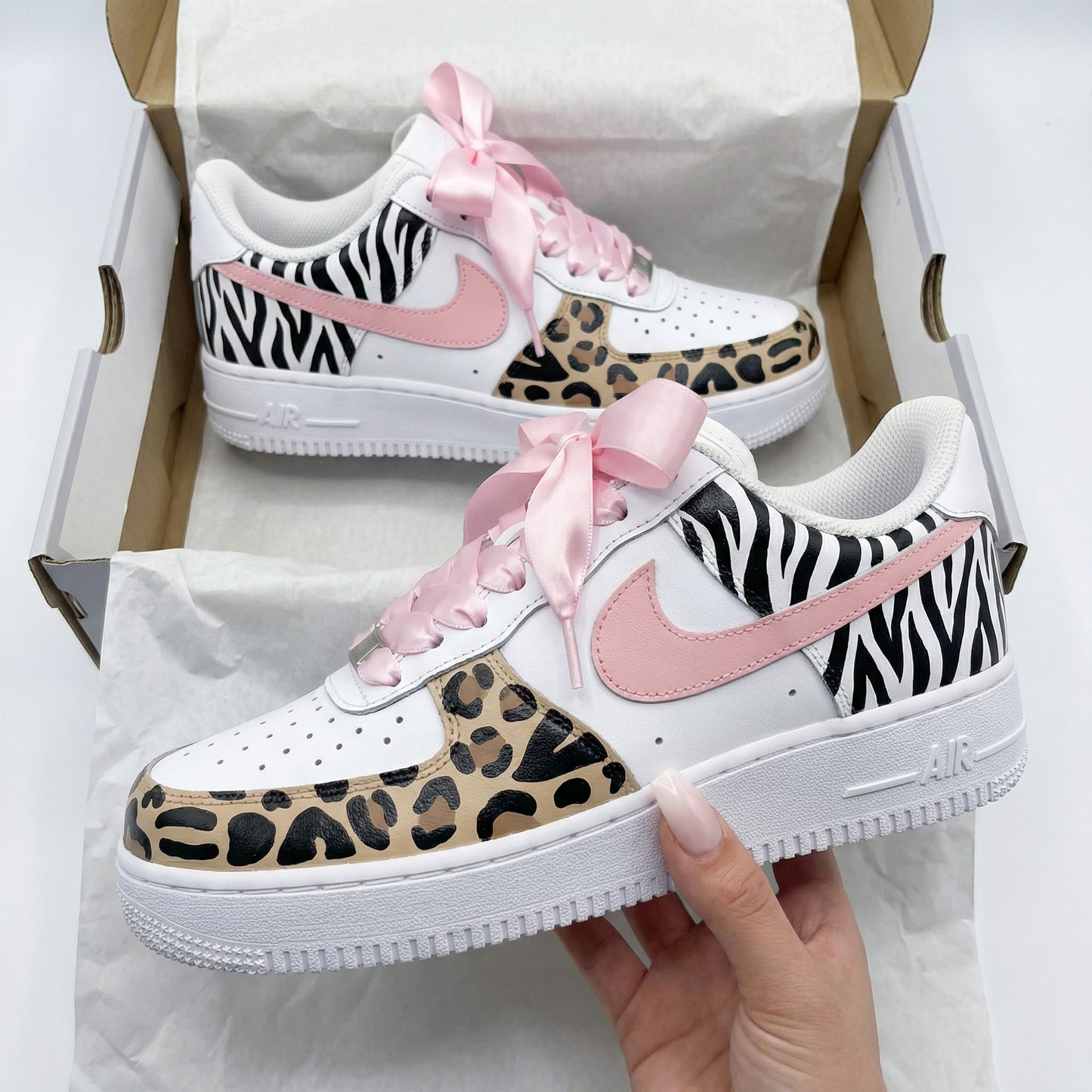 Custom AF 1s Shoes Zebra Leopard Prints Pink