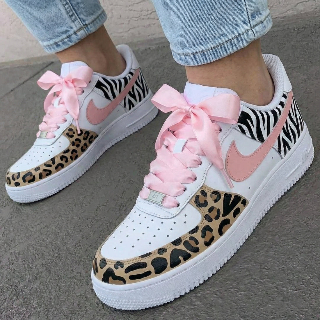 Custom AF 1s Shoes Zebra Leopard Prints Pink