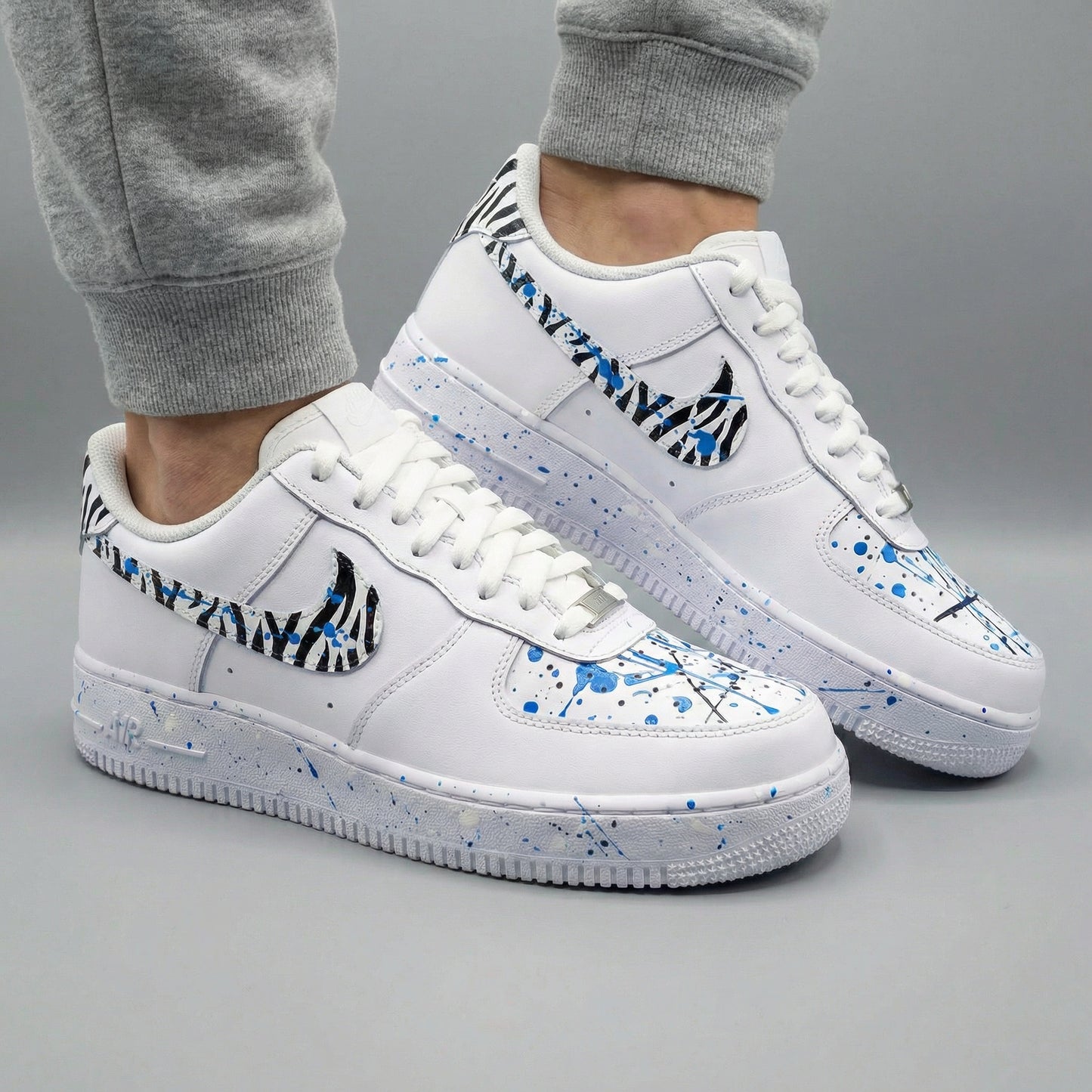 Custom AF 1s Shoes Zebra Stripes Blue Splatter Black Blue