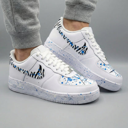 Custom AF 1s Shoes Zebra Stripes Blue Splatter Black Blue