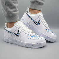 Custom AF 1s Shoes Zebra Stripes Blue Splatter Black Blue