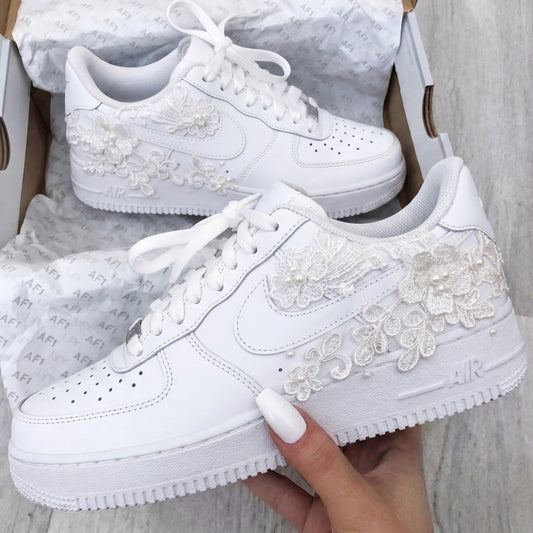 Custom AF 1s Weeding Shoes Lace Flowers Pearls