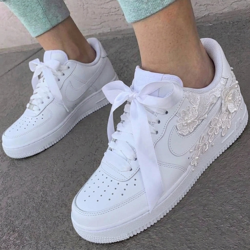 Custom AF 1s Weeding Shoes Lace Flowers Pearls