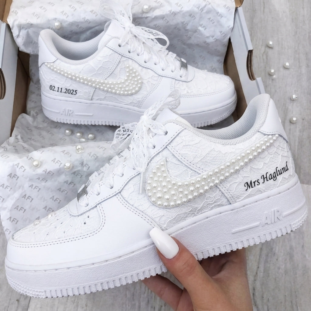 Custom AF 1s Weeding Shoes Lace Pearls Embroidery