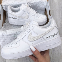 Custom AF 1s Personalized Weeding Shoes Pearl Decorated Swoosh Lace