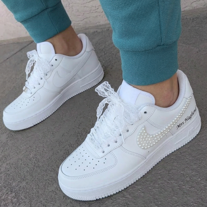 Custom AF 1s Personalized Weeding Shoes Pearl Decorated Swoosh Lace