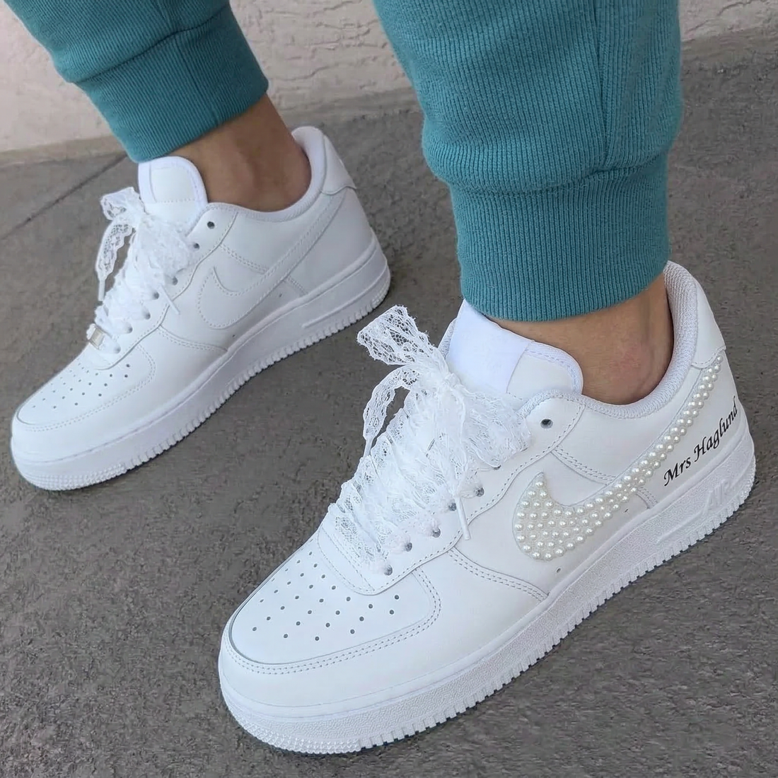 Custom AF 1s Personalized Weeding Shoes Pearl Decorated Swoosh Lace
