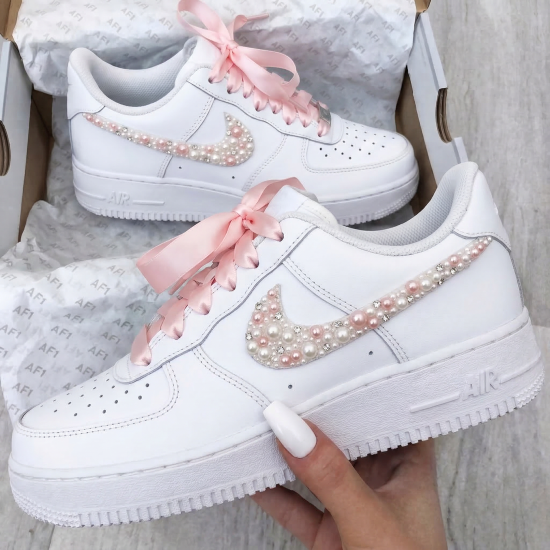 Custom AF 1s Weeding Shoes Pearls Rhinestones Baby Pink Ribbon Laces